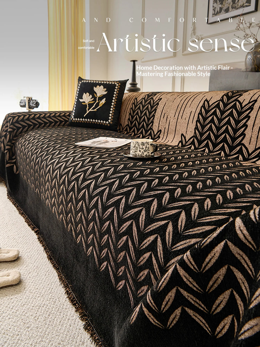 Plaid Motif Feuilles Doré - Noir
