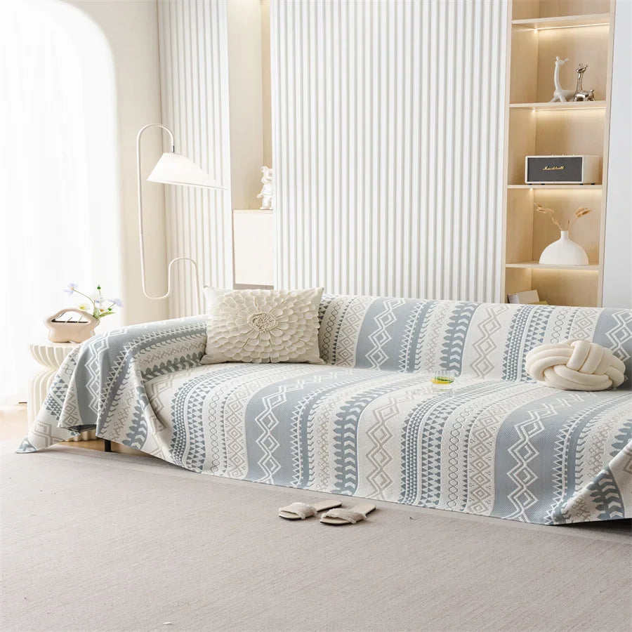 Plaid Graphique Scandinave - Bleu Gris & Écru