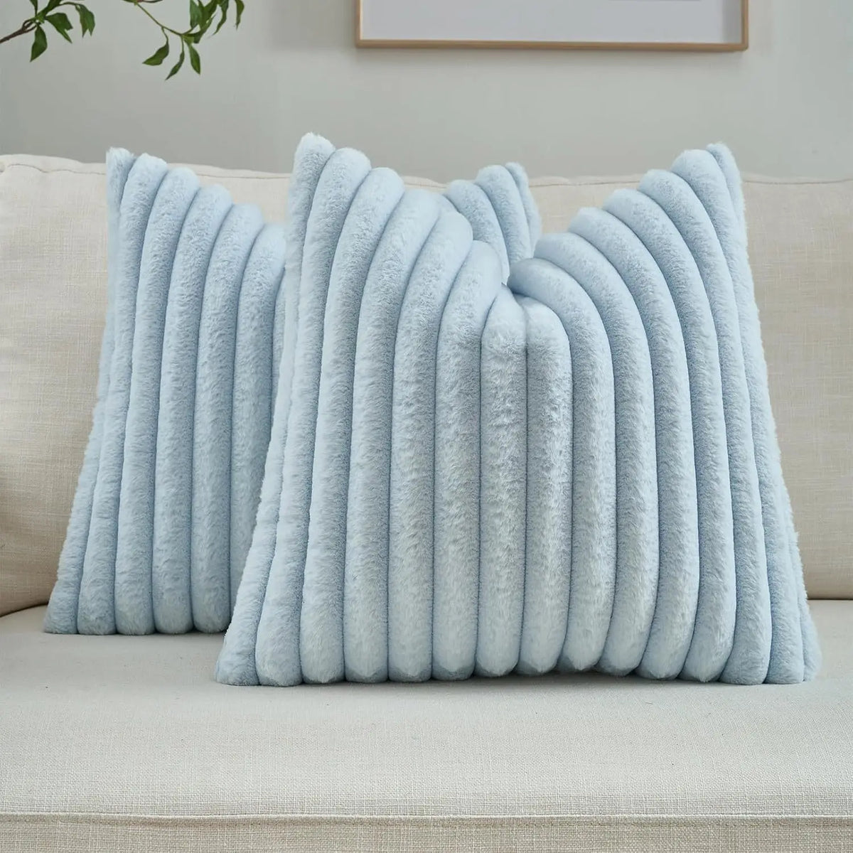 Housse de coussin Fausse Fourrure de Lapin - Bleu Ciel