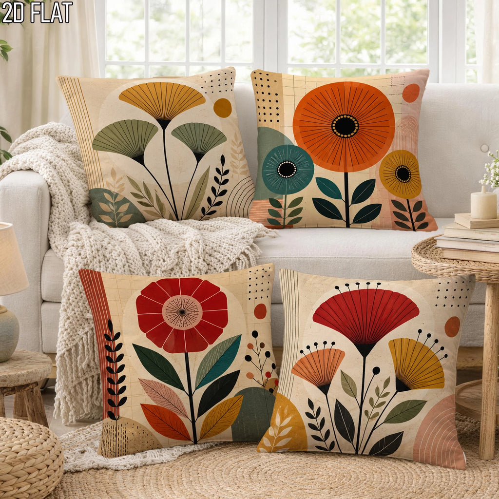 Lot de 4 Housses de Coussin Florales Bohème Mid-Century
