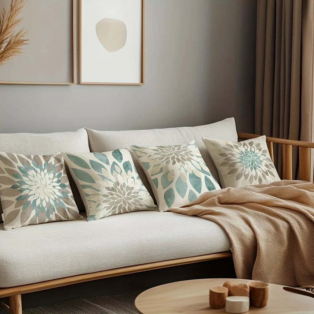Lot de 4 Housses de Coussin Bohème Fleurs & Feuilles