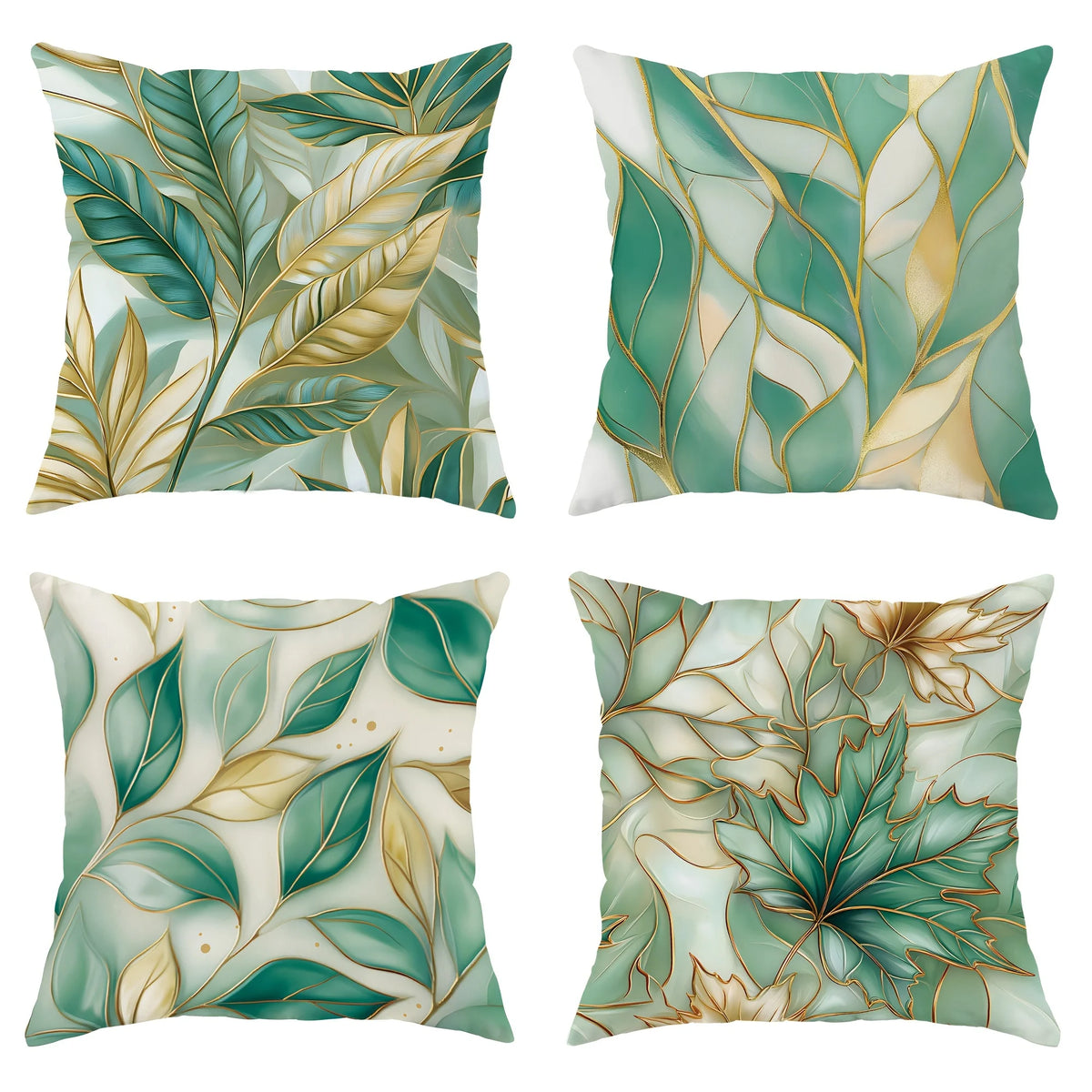 Lot de 4 Housses de Coussin Velours Feuille Verte
