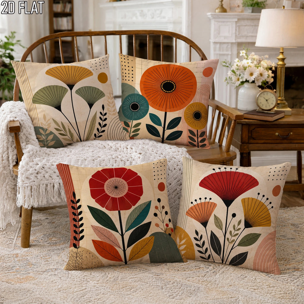 Lot de 4 Housses de Coussin Florales Bohème Mid-Century