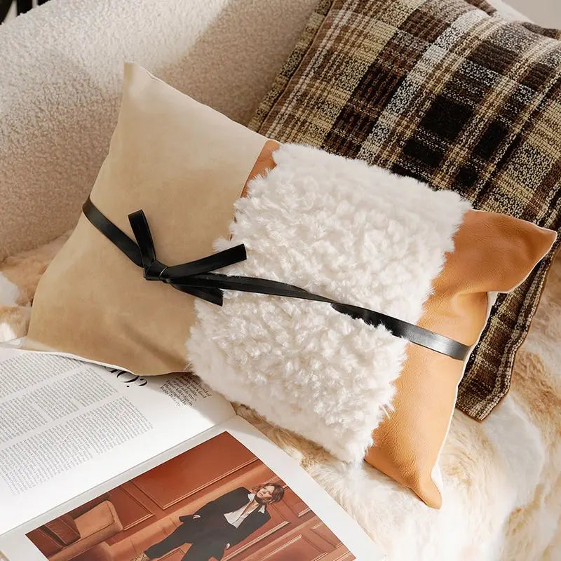 Housse de coussin Collection Beige & Caramel - Cuir et Mouton (30x50cm)