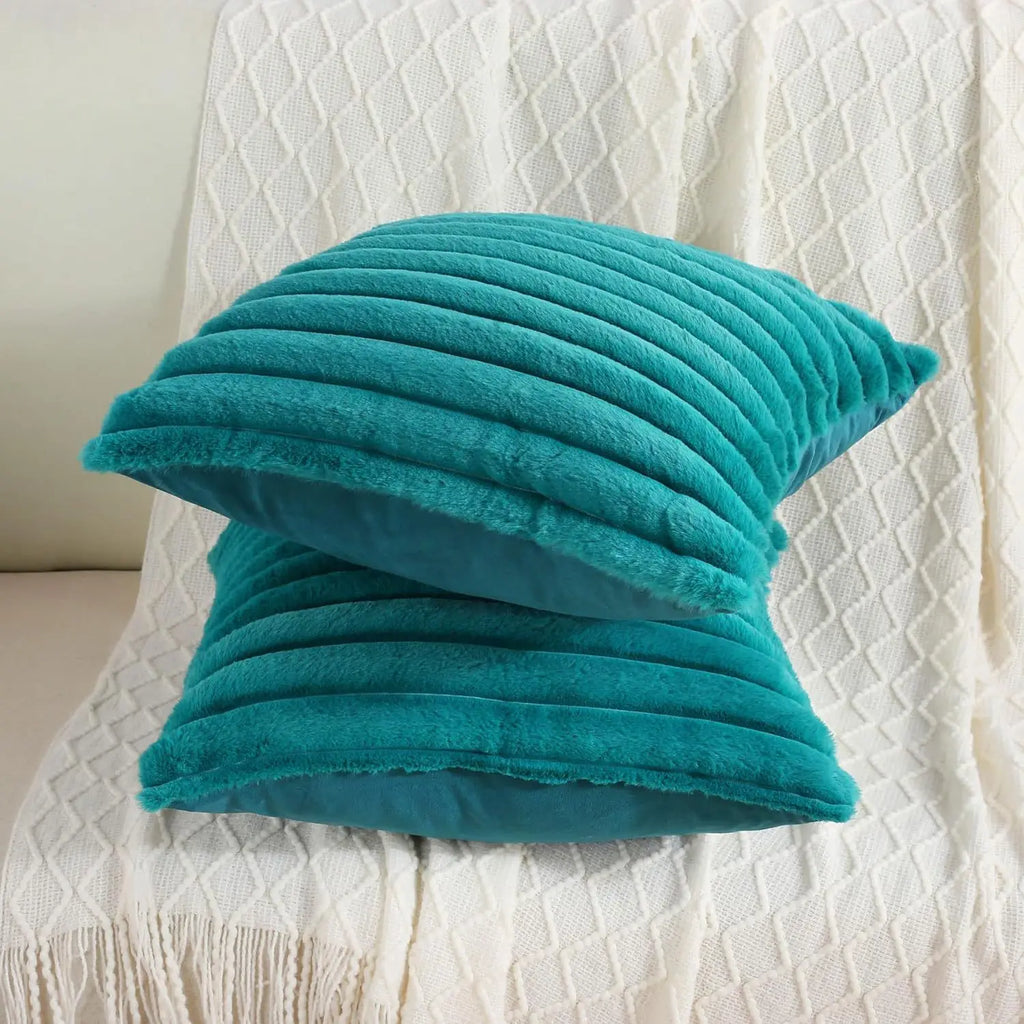 Housse de coussin Fausse Fourrure de Lapin - Bleu Canard