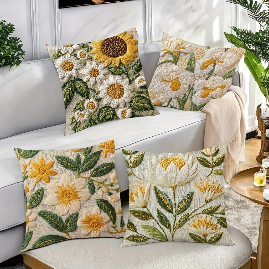 Lot de 4 Housses de Coussin Tournesol Vintage