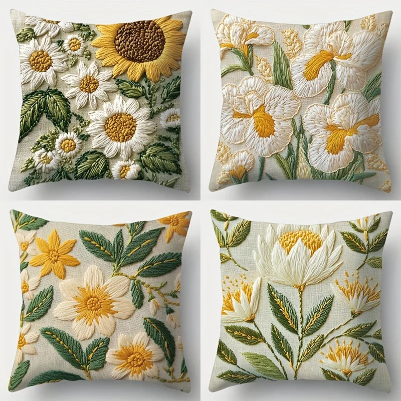 Lot de 4 Housses de Coussin Tournesol Vintage