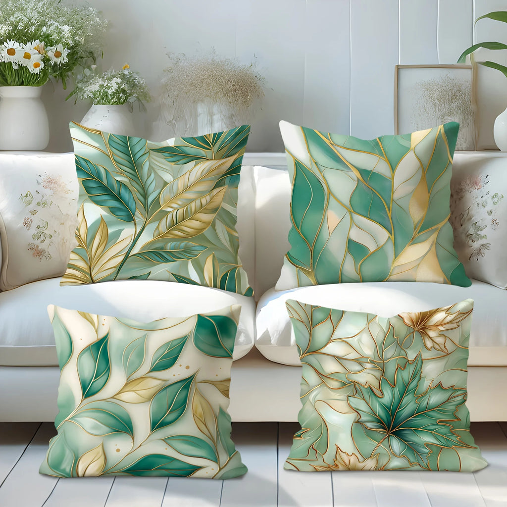 Lot de 4 Housses de Coussin Velours Feuille Verte