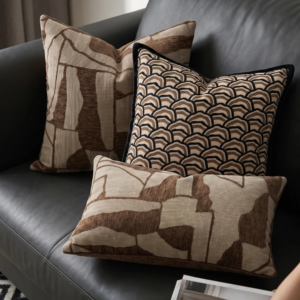 Housse de coussin Jacquard Géométrique Marron Beige