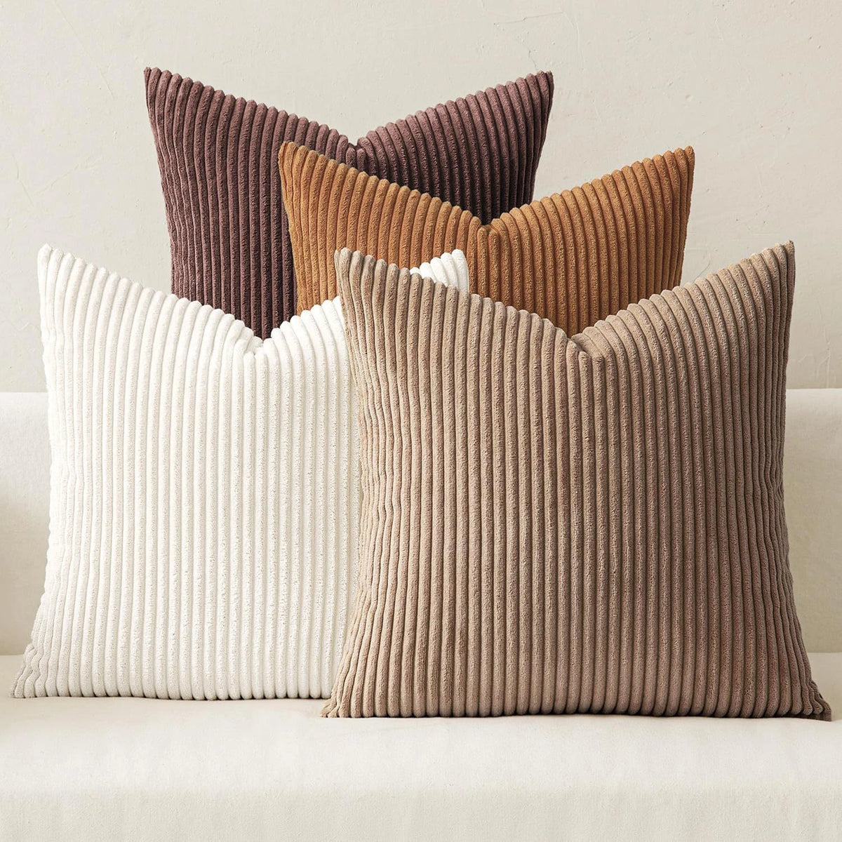 Lot de 4 Housses de Coussin Velours Côtelé Bohème - Marron