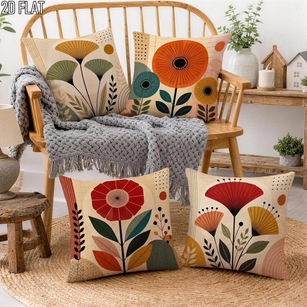 Lot de 4 Housses de Coussin Florales Bohème Mid-Century