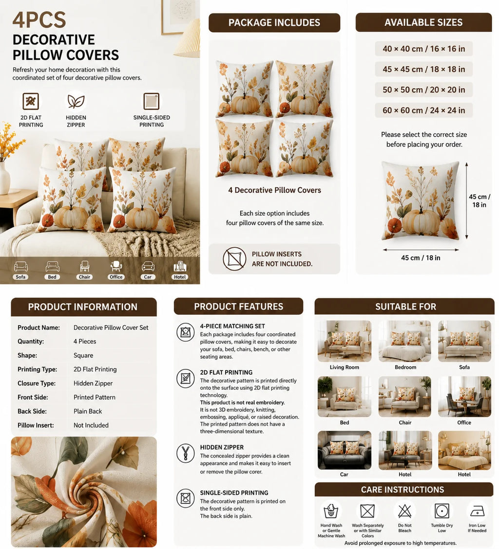 Lot de 4 Housses de Coussin Florales Bohème Mid-Century