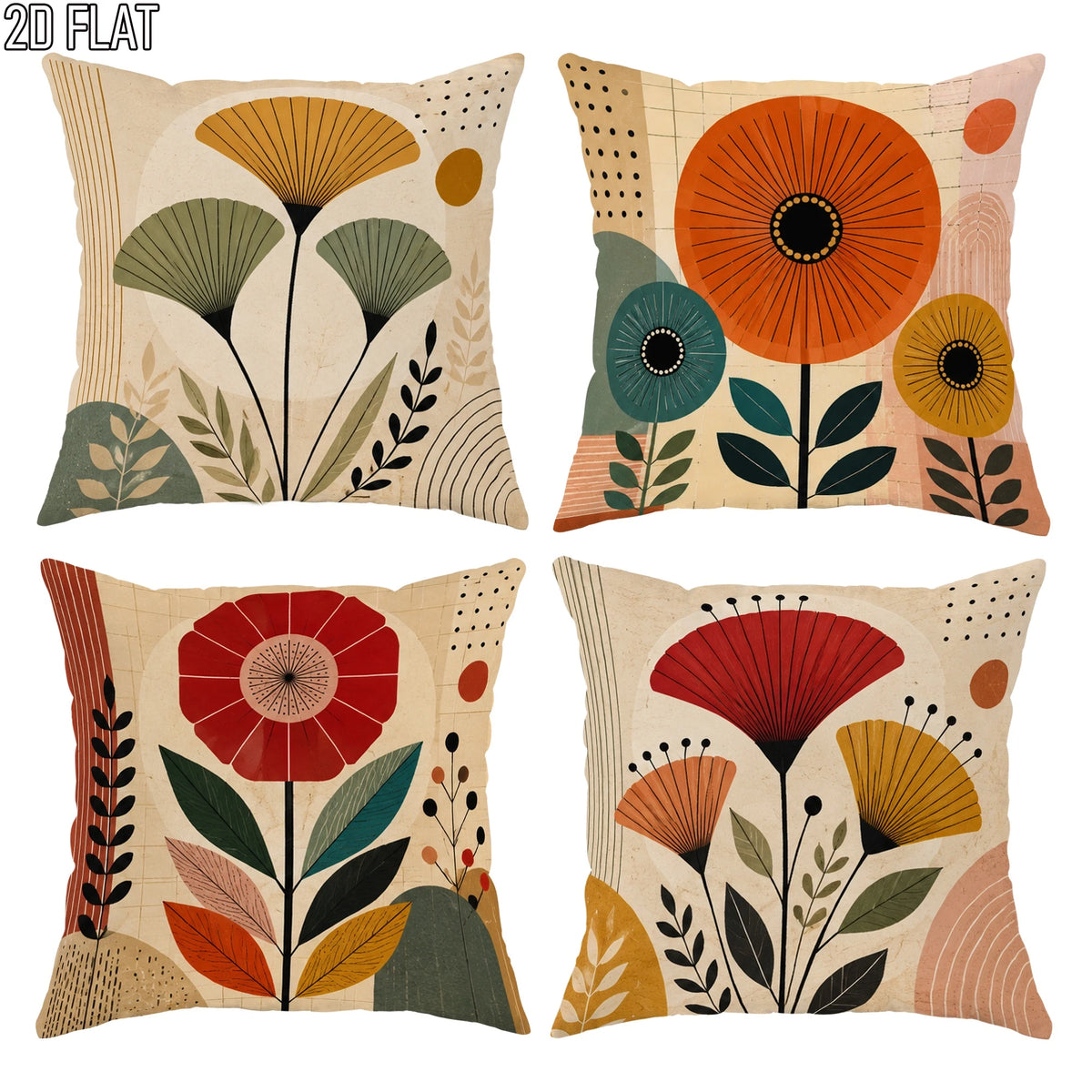 Lot de 4 Housses de Coussin Florales Bohème Mid-Century