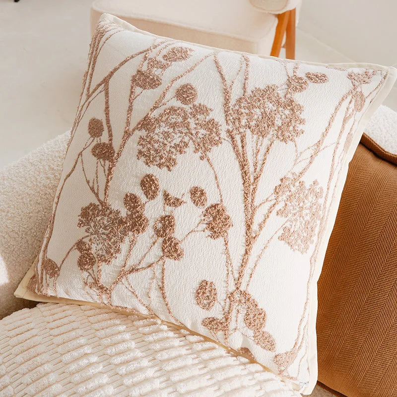 Housse de coussin Collection Beige & Caramel - Fleurs Brodées (45x45cm)