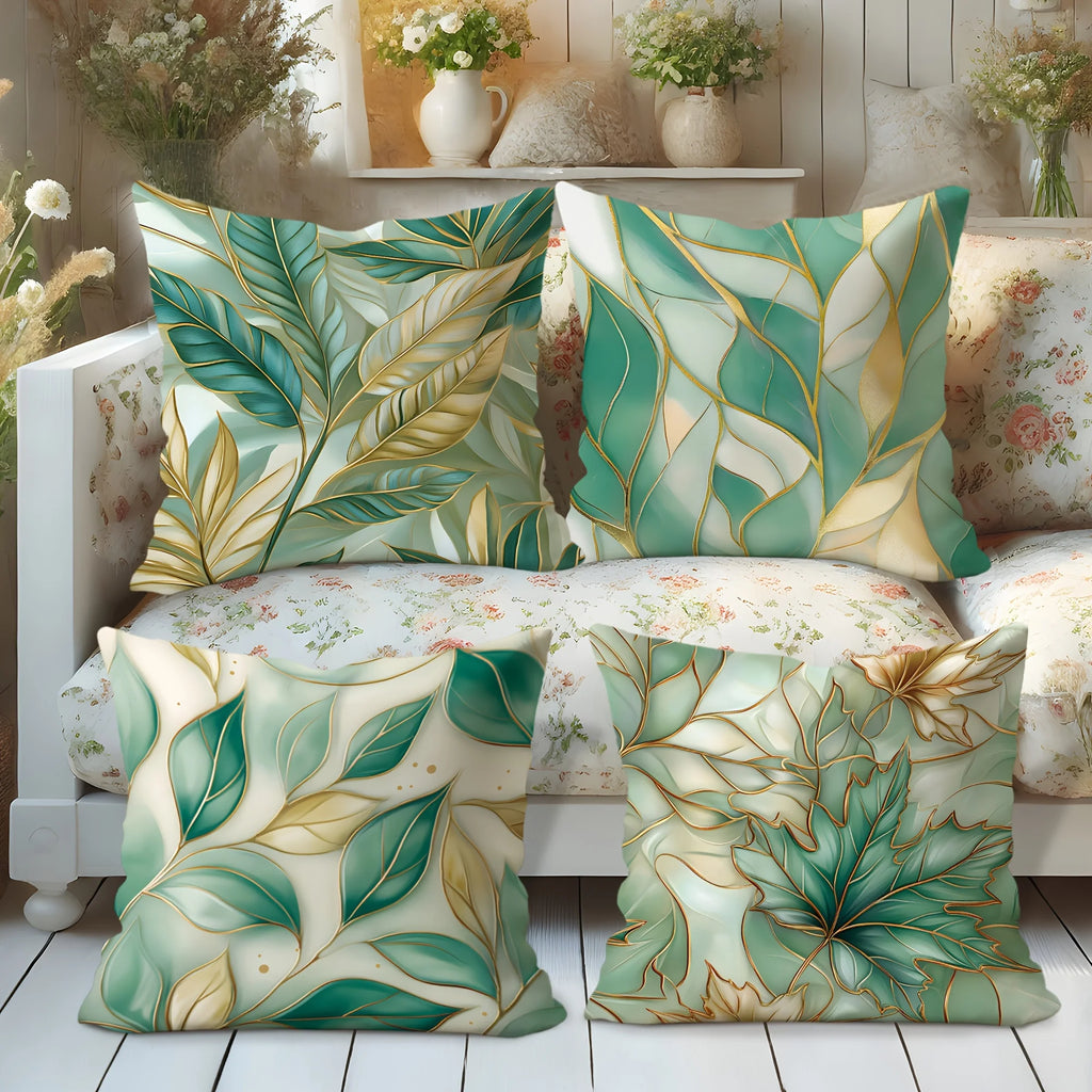Lot de 4 Housses de Coussin Velours Feuille Verte
