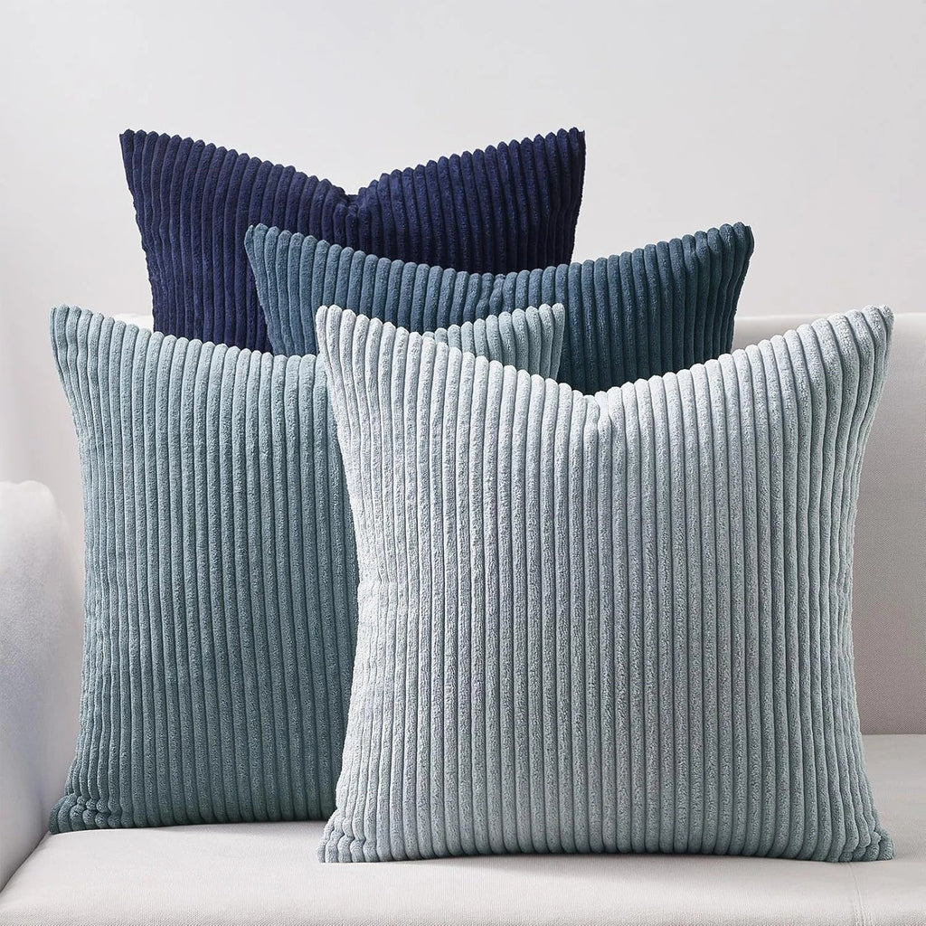 Lot de 4 Housses de Coussin Velours Côtelé Bohème (Bleu, 45x45 cm)