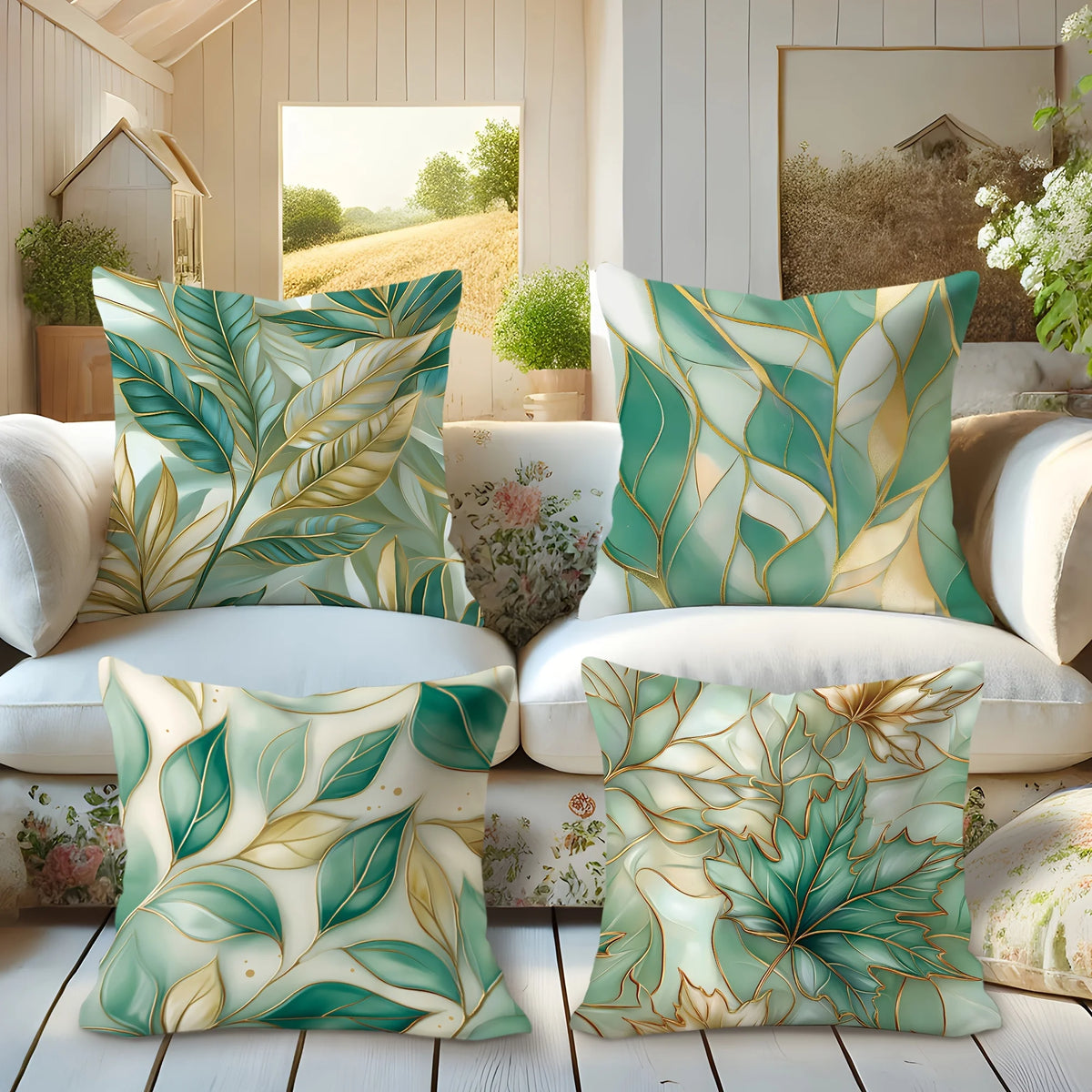 Lot de 4 Housses de Coussin Velours Feuille Verte