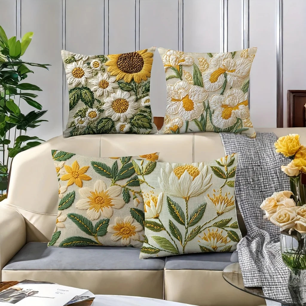Lot de 4 Housses de Coussin Tournesol Vintage