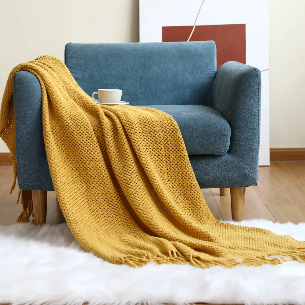 Plaid Tricot Torsadé Campagnard - Jaune (Filet)